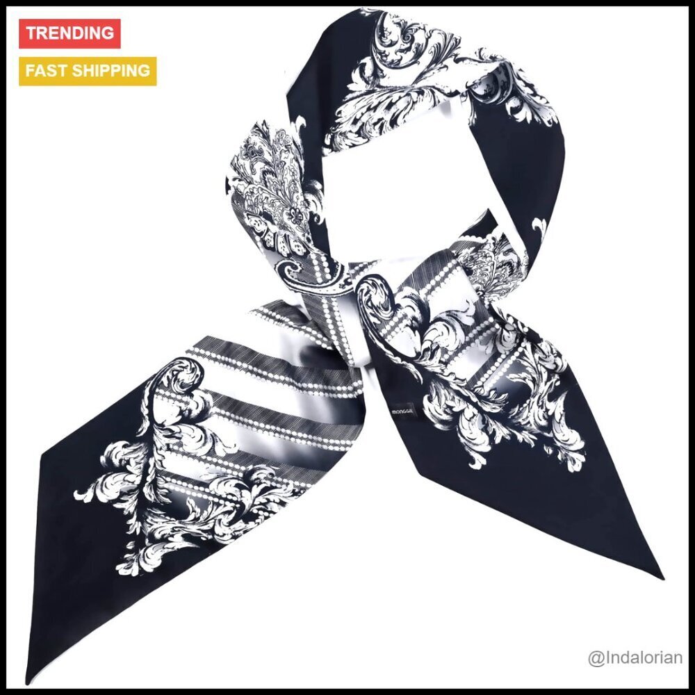 Long Skinny Scarf Elegant Silk-Like Twill Hair Neck Wrap Baroque Print